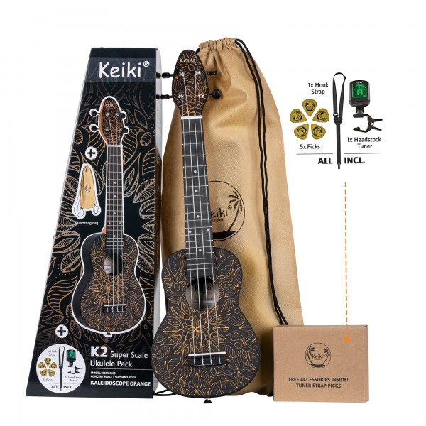 KEIKI K2 Serie Superscale Sopran Ukulele Set - Agathis / Orange Kaleidoscope (K2SS-OKC)