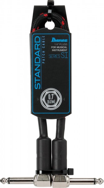 IBANEZ SI Series (Standard) Guitar Instrument Cable - Patch Cable 2 Right Angle Plug Woven - Male - Male, Black x Wine - 0,21 m / 0,7 ft (SI07P-BW)