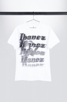 White Ibanez t-shirt with imprinted black "Spray Paint" logo on chest (IT10GHET)