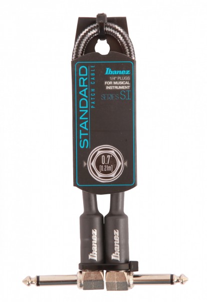 IBANEZ SI Series (Standard) Guitar Instrument Cable - Patch Cable 2 Right Angle Plug Woven - Male - Male, Black - 0,21 m / 0,7 ft (SI07P-CCT)