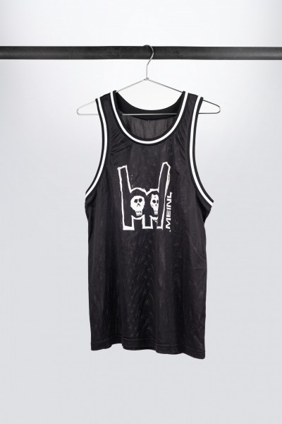 Black Meinl tanktop with imprinted white metal-fork logo on chest (M39)