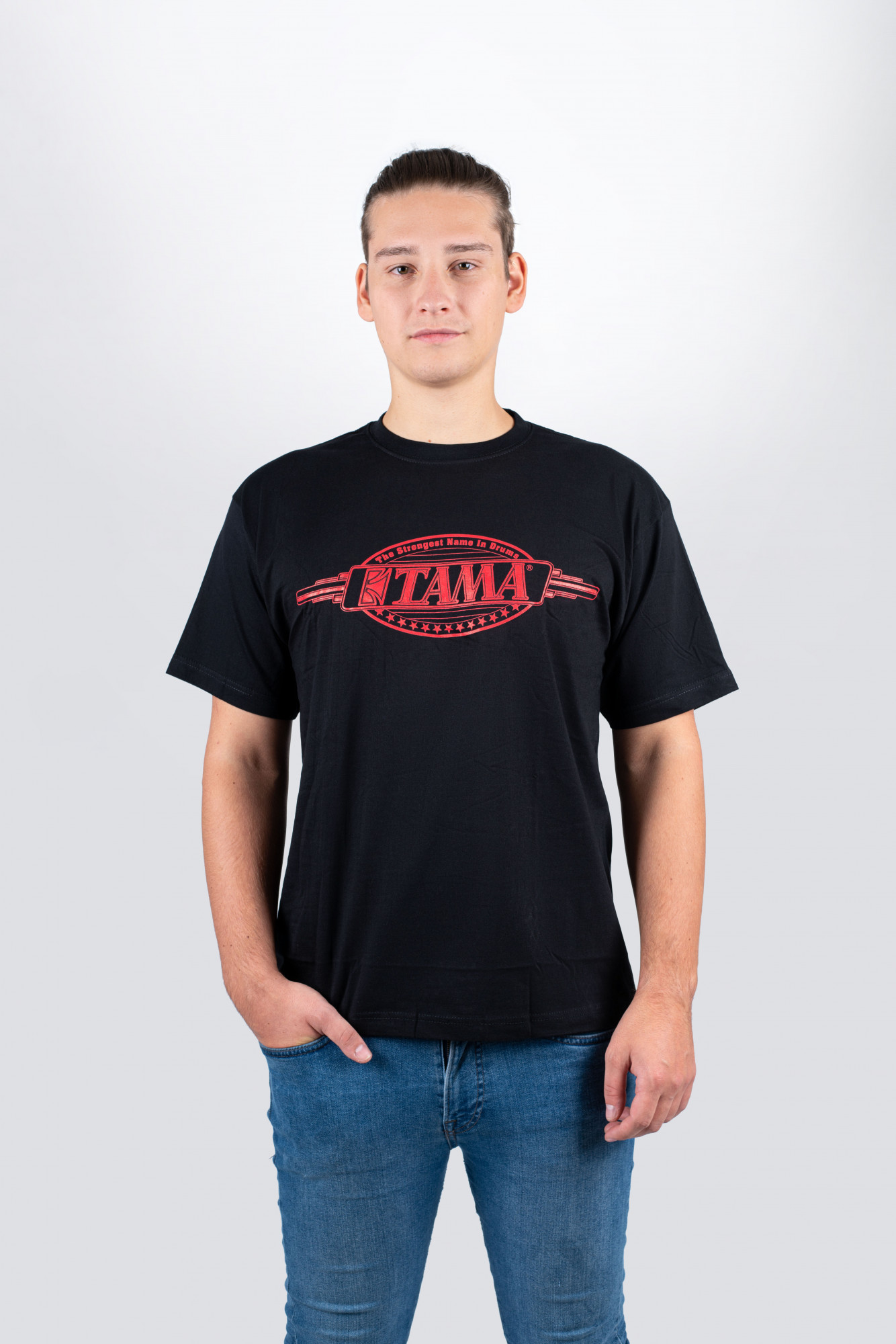 t-shirt in black with red "The name in drums" frontprint (TT109) | | Merchandise | Tama | MEINL Shop