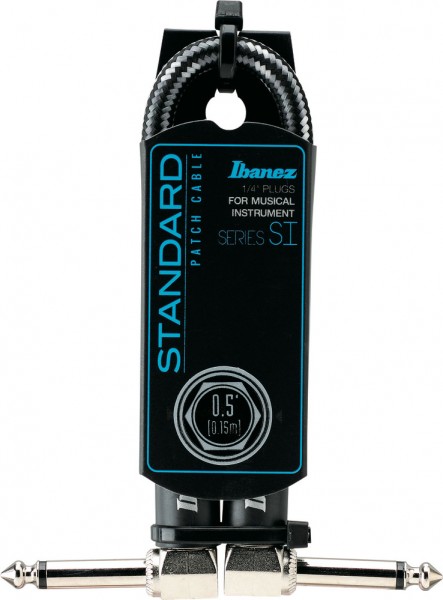 IBANEZ SI Series (Standard) Guitar Instrument Cable - Patch Cable 2 Right Angle Plug Woven - Male - Male, Black - 0,15 m / 0,5 ft (SI05P-CCT)