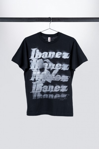 Black Ibanez t-shirt with imprinted white "Spray Paint" logo on chest (IT10BKET)
