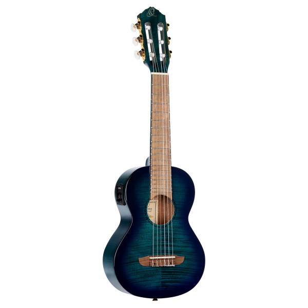 ORTEGA Mini Travel Series 1/8 Gitarre 6 String - geflammtes Mahagoni Faded Blue + Bag (1B-RGLE18BLF)